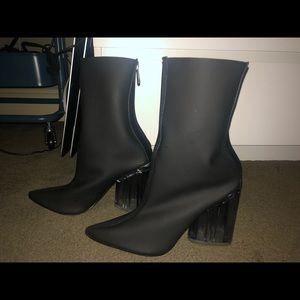 Womens black clear block heeled booties